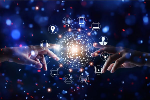 Hands touching global connection and icon customer networking data exchanges on glitter bright lights colorful background
